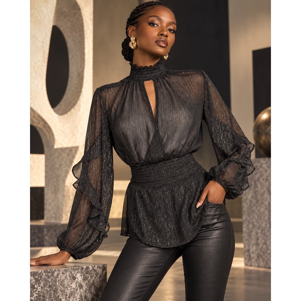 Bebe XS Black Metallic Sheer Blouse Ruffle Sleeve Smocked Waist Y2K Party Top.